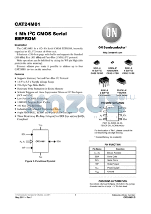 CAT24M01XI-T2 datasheet - 1 Mb I2C CMOS Serial EEPROM 256Byte Page Write Buffer