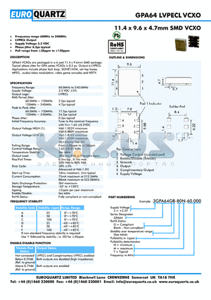 3GPA64A-80M-60.000 datasheet - 11.4 x 9.6 x 4.7mm SMD VCXO