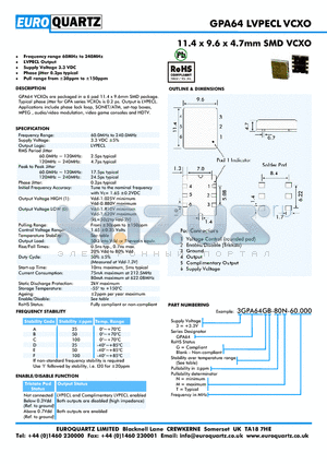 3GPA64B-80N-60.000 datasheet - 11.4 x 9.6 x 4.7mm SMD VCXO