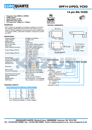 3GPF14-B-80M-60.000 datasheet - 14 pin DIL VCXO