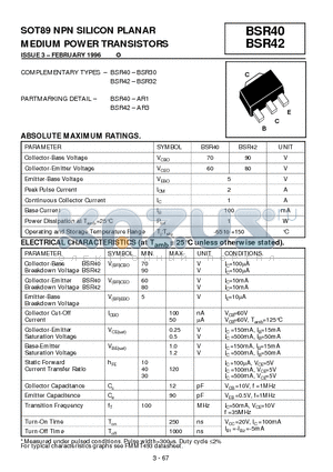 BSR40-AR1 datasheet - SOT89 NPN SILICON PLANAR MEDIUM POWER TRANSISTORS