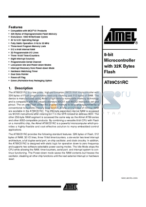 AT89C51RC-24AI datasheet - 8-bit Microcontroller with 32K Bytes Flash