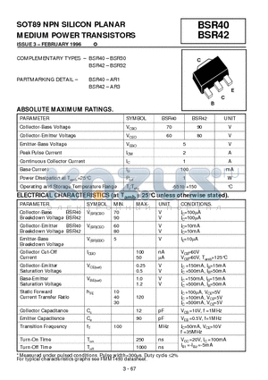 BSR42-AR3 datasheet - SOT89 NPN SILICON PLANAR MEDIUM POWER TRANSISTORS