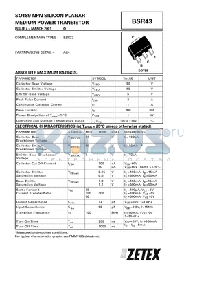 BSR43 datasheet - NPN SILICON PLANAR MEDIUM POWER TRANSISTOR