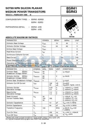 BSR43-AR4 datasheet - SOT89 NPN SILICON PLANAR MEDIUM POWER TRANSISTORS