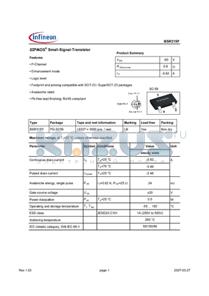BSR315P datasheet - SIPMOS Small-Signal-Transistor