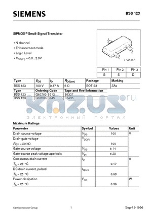 BSS123 datasheet - SIPMOS Small-Signal Transistor (N channel Enhancement mode Logic Level)