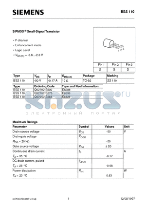 BSS110 datasheet - SIPMOS Small-Signal Transistor (P channel Enhancement mode Logic Level)