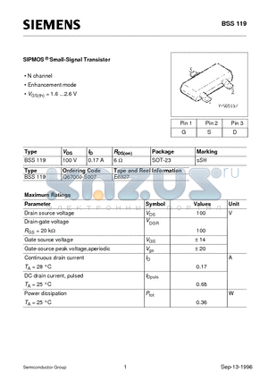 BSS119 datasheet - SIPMOS Small-Signal Transistor (N channel Enhancement mode)