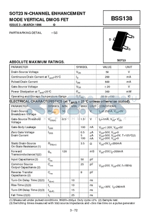 BSS138 datasheet - N-CHANNEL ENHANCEMENT MODE VERTICAL DMOS FET