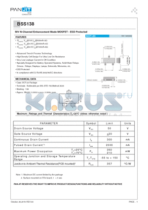 BSS138 datasheet - 50V N-Channel Enhancement Mode MOSFET - ESD Protected