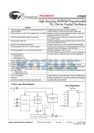 CY2037 datasheet - High Accuracy EPROM Programmable PLL Die for Crystal Oscillators