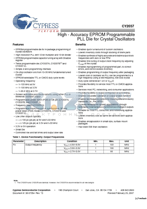 CY2037 datasheet - High - Accuracy EPROM Programmable PLL Die for Crystal Oscillators