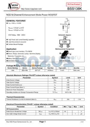 BSS138K datasheet - NCE N-Channel Enhancement Mode Power MOSFET