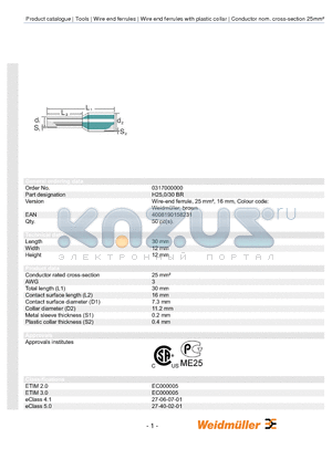 0317000000 datasheet - Wire-end ferrule, 25 mmb, 16 mm, Colour code: Weidmuller, brown