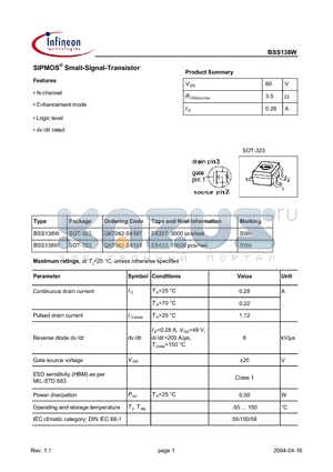 BSS138W datasheet - SIPMOS Small-Signal-Transistor