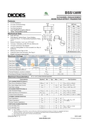 BSS138W datasheet - N-CHANNEL ENHANCEMENT MODE FIELD EFFECT TRANSISTOR