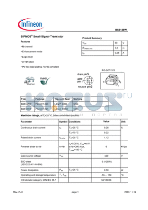 BSS138W datasheet - SIPMOS Small-Signal-Transistor