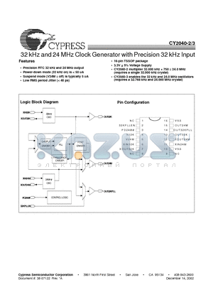 CY2040 datasheet - 32 kHz and 24 MHz Clock Generator with Precision 32 kHz Input