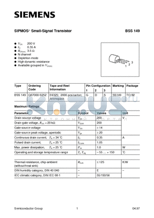 BSS149 datasheet - SIPMOS Small-Signal Transistor (N channel Depletion mode High dynamic resistance)