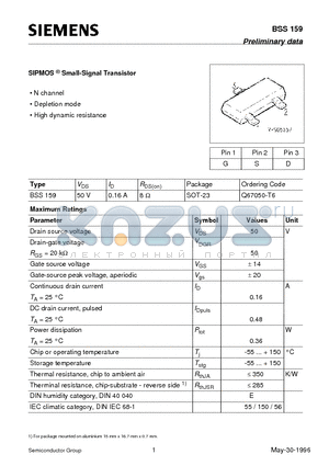 BSS159 datasheet - SIPMOS Small-Signal Transistor (N channel Depletion mode High dynamic resistance)