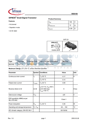 BSS169 datasheet - SIPMOS Small-Signal-Transistor