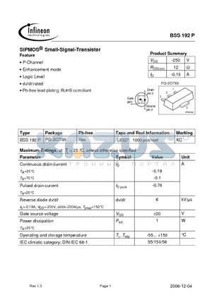 BSS192P_06 datasheet - SIPMOS Small-Signal-Transistor