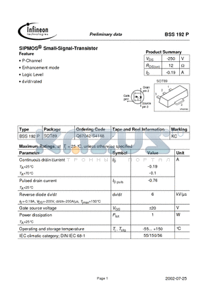 BSS192P datasheet - SIPMOS Small-Signal-Transistor