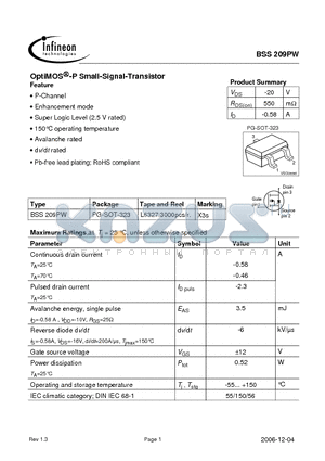 BSS209PW datasheet - OptiMOS-P Small-Signal-Transistor