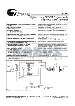 CY2077FZI datasheet - High-accuracy EPROM Programmable Single-PLL Clock Generator