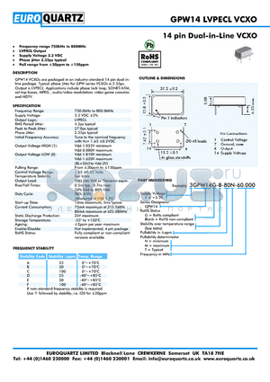 3GPW14-B-80M-60.000 datasheet - 14 pin Dual-in-Line VCXO