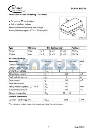 BSS64 datasheet - NPN Silicon AF and Switching Transistors