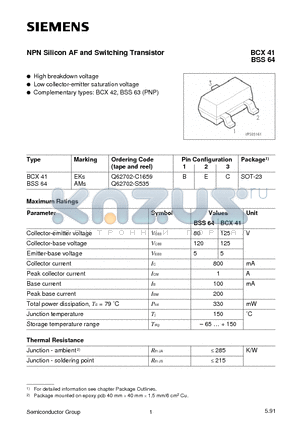 BSS64 datasheet - NPN Silicon AF and Switching Transistor (High breakdown voltage Low collector-emitter saturation voltage)