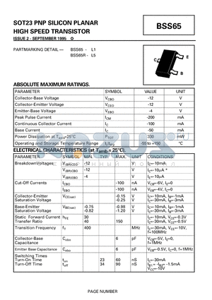 BSS65 datasheet - SOT23 PNP SILICON PLANAR HIGH SPEED TRANSISTOR