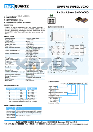 3GPW576C-80T-60.000 datasheet - 7 x 5 x 1.8mm SMD VCXO