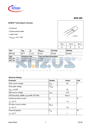 BSS295E6288 datasheet - SIPMOS Small-Signal Transistor