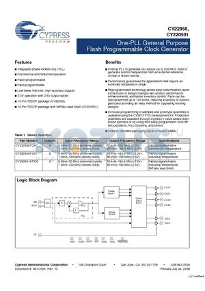 CY220501 datasheet - One-PLL General Purpose Flash Programmable Clock Generator