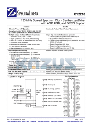CY2210 datasheet - 133 MHz Spread Spectrum Clock Synthesizer/Driver with AGP, USB, and DRCG Support