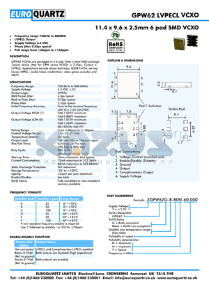 3GPW62G-A-80M-60.000 datasheet - 11.4 x 9.6 x 2.5mm 6 pad SMD VCXO
