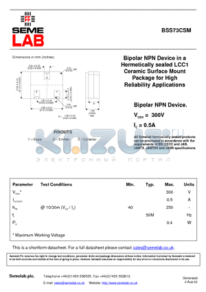 BSS73CSM datasheet - Bipolar NPN Device in a Hermetically sealed LCC1