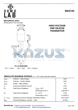 BSS74 datasheet - HIGH VOLTAGE PNP SILICON TRANSISTOR