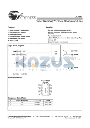 CY2212ZC-2 datasheet - Direct Rambus Clock Generator (Lite)