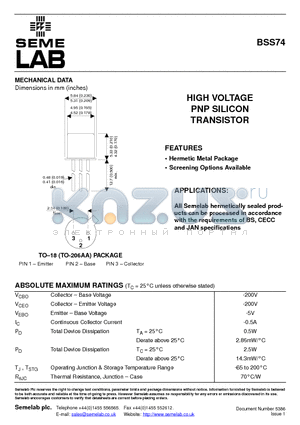 BSS74 datasheet - HIGH VOLTAGE PNP SILICON TRANSISTOR