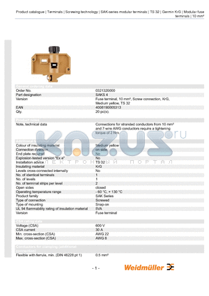 0321320000 datasheet - Fuse terminal, 10 mmb, Screw connection, KrG, Medium yellow, TS 32