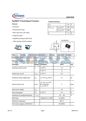 BSS816NW datasheet - OptiMOS2 Small-Signal-Transistor