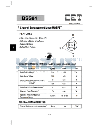 BSS84 datasheet - P-Channel Enhancement Mode MOSFET