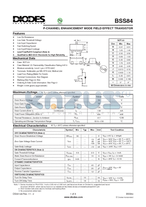 BSS84 datasheet - P-CHANNEL ENHANCEMENT MODE FIELD EFFECT TRANSISTOR