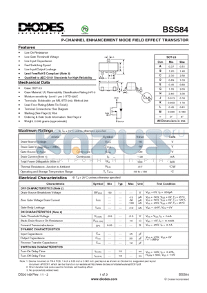 BSS84-7-F datasheet - P-CHANNEL ENHANCEMENT MODE FIELD EFFECT TRANSISTOR