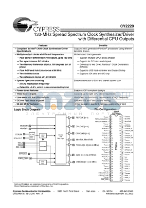 CY2220 datasheet - 133-MHz Spread Spectrum Clock Synthesizer/Driver With Differential CPU Outputs