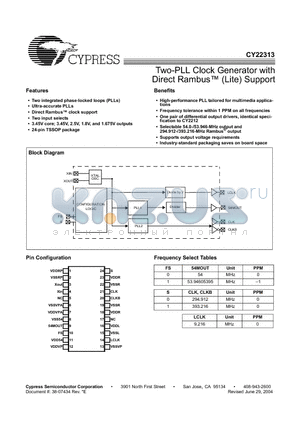 CY22313 datasheet - Two-PLL Clock Generator with Direct Rambus-TM (Lite) Support